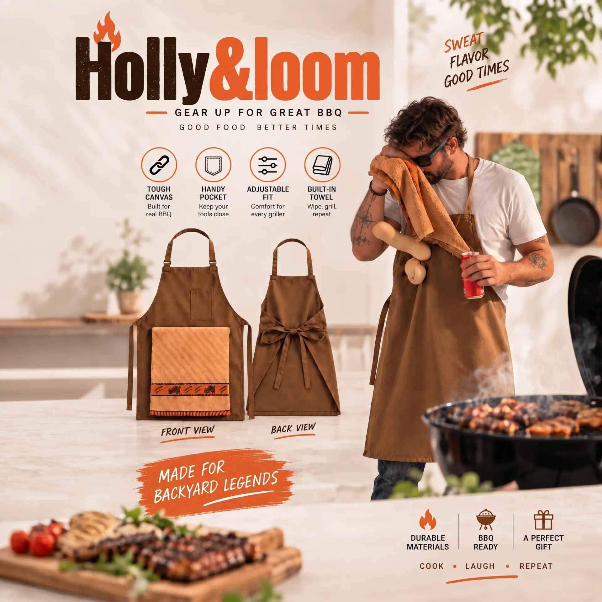 Holly & Loom Backyard Apron BBQ graphic with front and back views