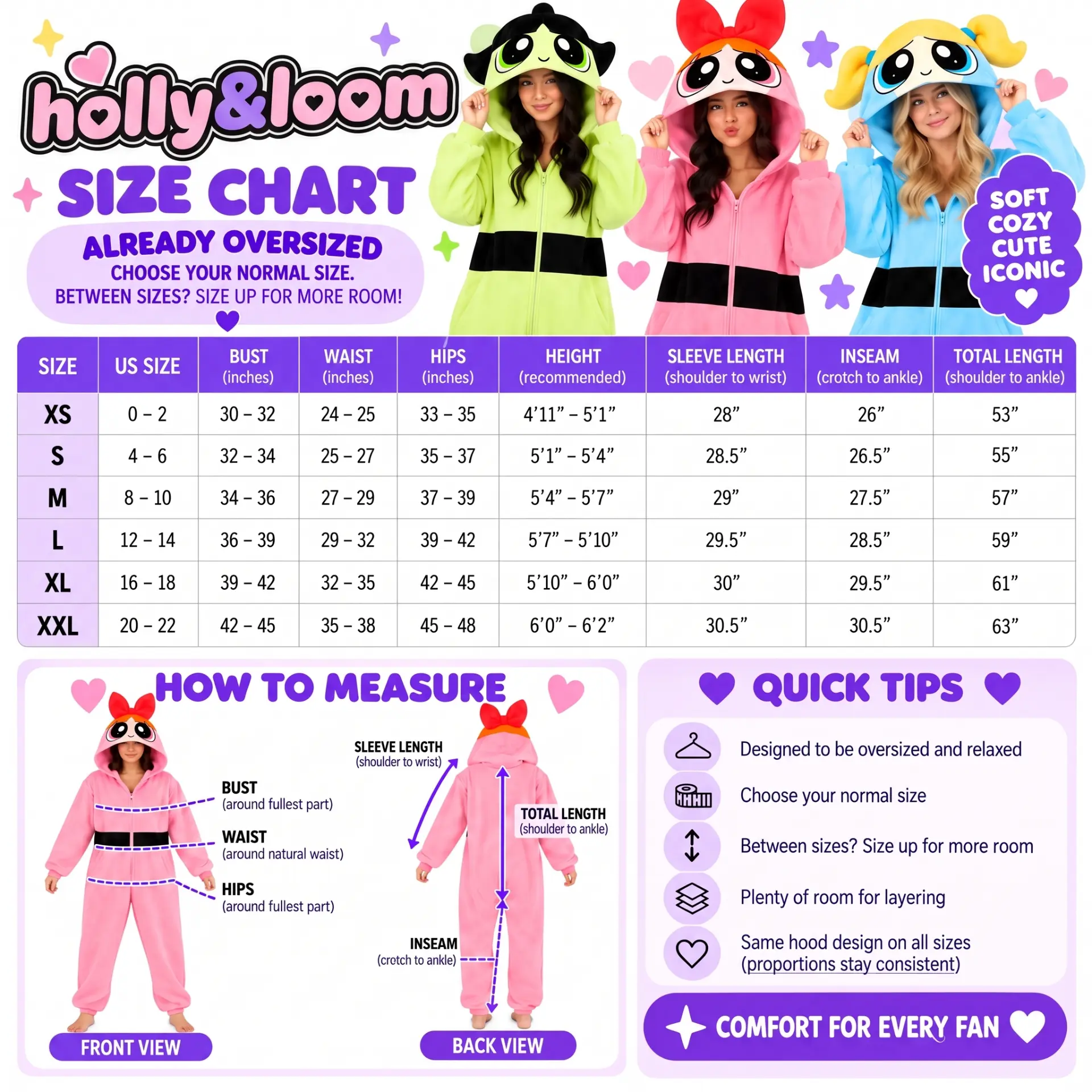 Hero Squad Onesie size chart with bust, waist, hips, height, sleeve, inseam, and total length for sizes XS to XXL
